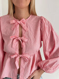 Chemise à carreaux Getadme pour femme, col rond, nœud papillon, lacets, manches bouffantes, style décontracté, manches courtes, découpes, collection printemps 2024 streetwear féminin 