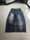 GETADME American New Fashion Oversized Pattern Printed Washed Jeans Men Y2K Gothic Rock Popular Casual Joker High Waist Wide Leg Pants
