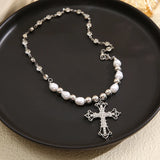 Getadme-Y2K Pearl Cross Pendant Necklace Hip Hop Retro Women Religious Zircon Chain Necklaces Girls Punk Party Trendy Jewelry Gifts