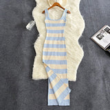 GETADME 2025 Stripe Summer Elastic Split Bodycon Dress Sexy Beach Vacation Sundress Women Casual Slim Pencil Vestidos Maxi Long Dress