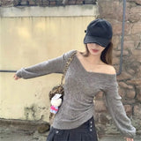 GETADME Fashion Vintage V-neck Knitted Tops Women 2025 Early Autumn New Sweaters Pullover Slim Long Sleeve Pullovers Sexy Gray Sweaters