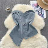 GETADME Chic Denim Asymmetrical Tube Top Korean Fashion Tank Top Slim Sexy Strapless Casual Hotsweet Crop Tops Summer Women Clothing