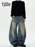 GETADME UP.THE Men Vintage Washed Baggy Wide Leg Jeans, Y2K Loose Oversized Denim Pants, Retro Streetwear Trousers for Daily Outfits