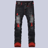 GETADME Streetwear Men Patch Ripped Jeans Black Red Design Slimming Men's Clothing Stretch Cozy Denim Pants  Hip Hop Trend Trousers