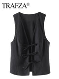 TRAFZA Women Fashion Lace Up Vest V Neck Sleeveless Top Y2k Vintage Solid 2024 Female Summer Sexy Party Tank Tops