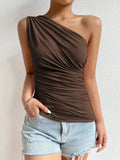 GETADME Women One Shoulder Pleated Tank Top Summer Solid Sleeveless Ruched T-shirt Streetwear Off the Shoulder Top