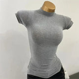 GETADME Women'sTurtleneck Ribbed Knit Slim Fit Crop Top Casual Basic T-Shirt Tight Knit Sexy Fitted Cropped T-Shirt