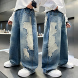 GETADME New Boys Spring Autumn Jeans Trendy Brand Fashion Patchwork Design Straight Loose Wide Leg Denim Pants for Middle Large Children