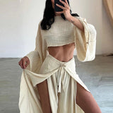GETADME Spring Casual Solid Cotton Linen Suit Summer O Neck Crop Top+Lace-up Ruffle Pants Outfit Sets for Women Flare Sleeve Hollow 2pcs
