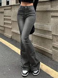 GETADME Women Flare Stretch Moustache Jeans Fashion Skinny Bell Bottom High Waist Gray Denim Pants Lady Classic Y2K Punk Long Trousers