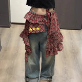 GETADME Adjustable Star Layer Outfits Plaid Skirt Hip-hop Sweet Lace Up Hip Scarf Korean Style Y2K Ruffled Edge Waistband Jeans Decor