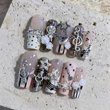 GETADME 10pcs Handmade Press On Nails Light Pink French Style White Long Coffin False Nails Cute 3D Rabbit Designs Sweet Fake Nail Tips