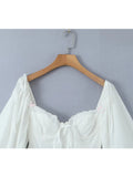 Sexy Women Lace Spliced White Crop Blouse Vintage Lantern Sleeve Back  Bandage  Backless Ladies Summer Tops