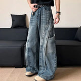 GETADME Korean Retro Jeans Men'S Curved Knife Pants Design Sense Vintage Casual Straight Leg Pants Loose Large Pocket Wide Leg Pants