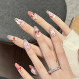 GETADME 10PCS 3D Cherry Bowknot Decor Handmade Press on Nails Glitter Almond Sweet Fake Nails Wearable Blush Cat's Eye False Nails Art