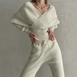 GETADME Double V-neck Sexy Off-shoulder Cropped Top Fashion Trousers New Knitted Solid Color Two-piece Set for Women