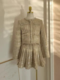 GETADME Small Fragrance Autumn Winter Beading Tweed Pearls Short Jacket Coat + Mini Pleated Skirt Suit Two Piece Sets Womens Outifits
