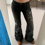 GETADME Weekeep Floral Embroidery Jeans Vintage 2000s Low Rise Flared Jeans Women Retro y2k Baggy Denim Pants High Street Basic Trousers