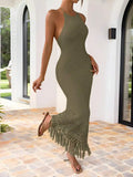 GETADME Yellow Crochet Halter Neck Maxi Dress with Fringe Hem Boho Summer Beach Dress