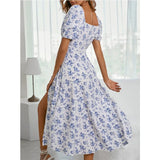 Getadme Floral Print Puff Sleeve Ruched Bust Slit Dress Women Square Neck High Waist A-line Long Dresses Elegant Ladies Summer Sexy Robe