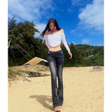 GETADME SHECI Karrram Vintage Distressed Low Waist Jeans Asymmetrical Waist Denim Pant Korean Fashion Black Flare Jeans Kpop Streetwear