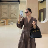 GETADME Fashion Lace Hollow Out Long Dress For Women V-neck Full Sleeve Single Breasted Robe 2025 Summer Elegant Female Casual Dresses