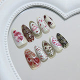 GETADME 30pcs 3D Dream Rose Press on Nails Heart & Animal Wave Fake Nail Short Almond Full Coverage Nail for Women&Girl False Nail Art