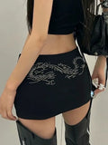 Getadme Beaded Black Low Waist Skirt for Women Fashion Street Hot Girl Slim Fit Hip Skirt American Retro Simple Versatile Y2K Skirt