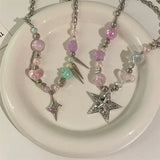 Getadme Reflective Heart Beads Star Pentagram Pendant Necklace for Women Cool Aesthetic Trendy Clavicle Chain Korean Fashion Jewelry New