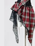 GETADME Gothic Punk Two Piece Set for Women 2026 Summer Distressed Mesh Crop Tops Plaid Asymmetrical Lace Skirt Chain Y2K Streetwear