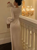 Getadme-Autumn Elegant Solid Midi Dress Women Flare Sleeve Slim Mermaid Spring New French Vintage Wedding Party Vestidos Robe Mujers