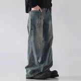 GETADME Korean Style Large Pocket Workwear Jeans Retro Blue Men'S Baggy Jeans Straight Leg Pants Casual Wide Leg Pants Casual Pants