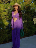 GETADME Purple Hollow Out Slim Maxi Dress Women Elegant Deep V Neck Cross Pleated Full Sleeve Long Dresses 2025 Fashion Lady Party Robes