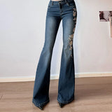 GETADME Flare Pants Jeans Women Embroidery Boot Cut Low Waist Washed Distressed Pockets Floor Length Streetwear 2025 Denim Trousers