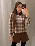 GETADME Panelled Plaid Turn-Down Collar Jackets Women Casual Loose Long Sleeve Short Jacket Female 2025 Spring Temperament Outwear Tops