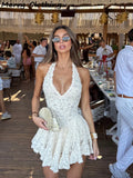 GETADME V Neck Halter Lace Mini Skirt Women Fashion Waist Cinched A Line Dress Backless Sleeveless Short Vestidos Summer Lady Dresses
