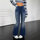 GETADME Slimming Micro Flare Pants Polyester Elastic Printed And Embroidered Denim Look Bottoms for Women Elegant Fashionable