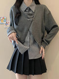 GETADME Fashion Vintage Design Hoodies Fake Two Piece Patchwork Striped Turn Down Collar Sweatshirts Spring Autumn 2025 Women's Clothing