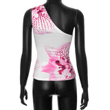 GETADME CUTENOVA Floral Print Fitted Tops Women Resort Wear Graphic Tees Summer 2025 Casual One Shoulder Slash Backless Tank Top