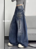 GETADME Women Harajuku Streetwear Y2K Baggy Jeans High Street Wide Leg Curved Knife Denim Pants Vintage Washed Letter Design Trousers