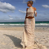 GETADME 2025 Summer Party Elegant Women Beach Skirt Suit Sleeveless Backless Cropped Halter Lace Up Tops And Long Skirts Two Piece Sets