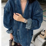 GETADME Women Denim Jacket 2025 Spring Autumn Retro Double Breasted Shoulder Padded V Neck Loose Casual Long Blue Denim Coat