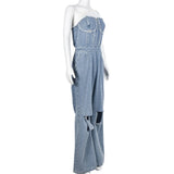 GETADME Casual Denim Jumpsuit Summer Women 2025 Strapless V Neck Zip Up Hole Street Trend Wide Leg Pants Club Romper With Pockets