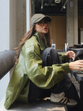 GETADME Veste en cuir vert olive, coupe vintage, tendance streetwear, fermeture éclair, revers, pardessus court, ample, décontractée, vêtement d'extérieur automne