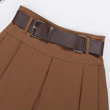 GETADME Brown Belted Mini Skirt Low Waisted Pleated Skirt with Belt Women Academia Aesthetic Vintage Outfit