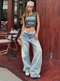GETADME Women's Jeans Vintage Printed High Waist Zipper Pockets Straight Leg Trousers Female 2026 Spring Fashion Woman Clothes Outwears