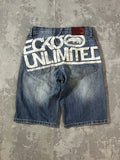 GETADME American Washed Ecko Denim Shorts Mens Hip-hop Rock Street Fashion Pattern Straight Pants Harajuku Trend Wide Pants
