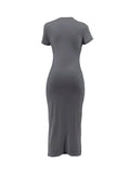 GETADME Women's Plain Ruched Drawstring Split Thigh Bodycon Dress, Asymmetrical Round Neck Shortsleeve Dress, Ladies Dress