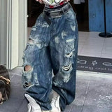 GETADME Y2K Ripped Jeans Women American Street Washed Casual Summer High Waisted Loose Versatile Straight Leg Wide Leg Pants