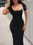 GETADME Women's Plain Square Neck Bodycon Dress, Casual Short Sleeve Long Dress for Summer, Ladies Clothes for Daily Wear, Women's dress